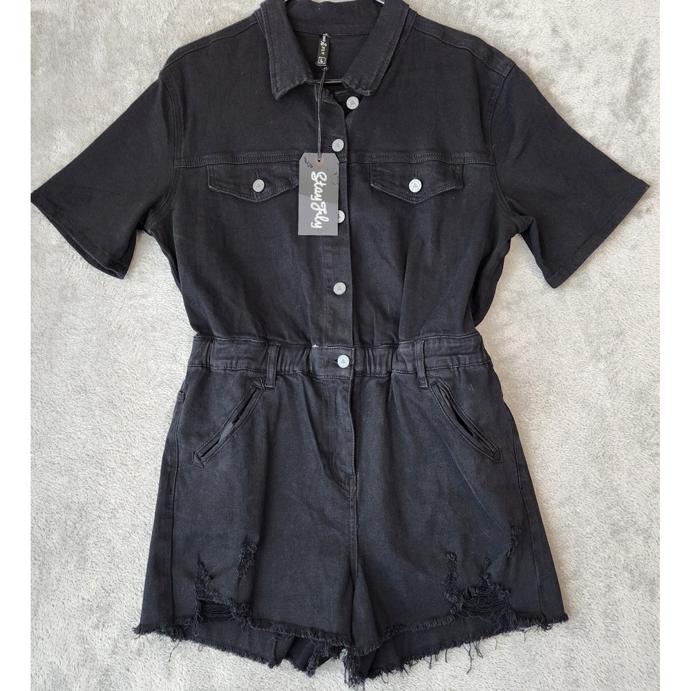 Two 2 Fly Co Romper Womens Large Black Denim Distressed Utility Short Sleeve